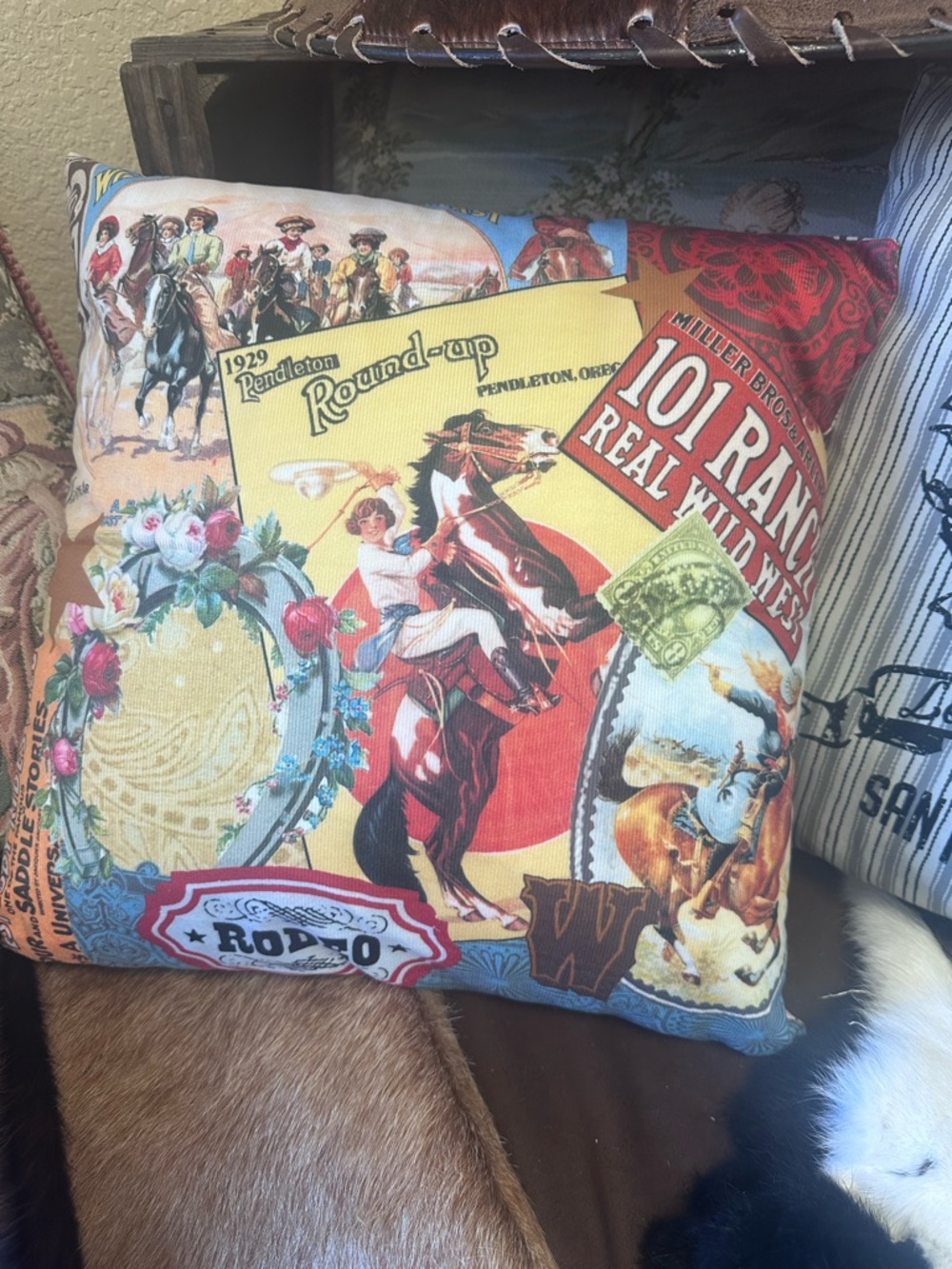 Pendleton Western Rodeo Collage Decorative Pillow - Red, Yellow, Blue, Brown